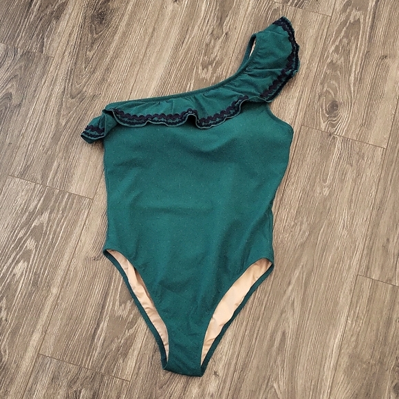 J. Crew Other - J. Crew one shoulder emerald green 1 piece swimsuit with ruffled neckline